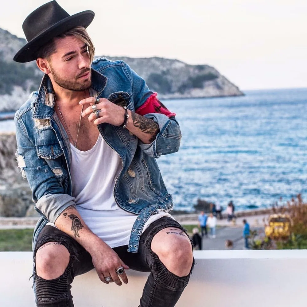 Hi-Street Men Ripped Ribbon jeans Jackets washed Distressed Denim Man Justin Bieber Slim Fit Streetwear HipHop Vintage Jacket