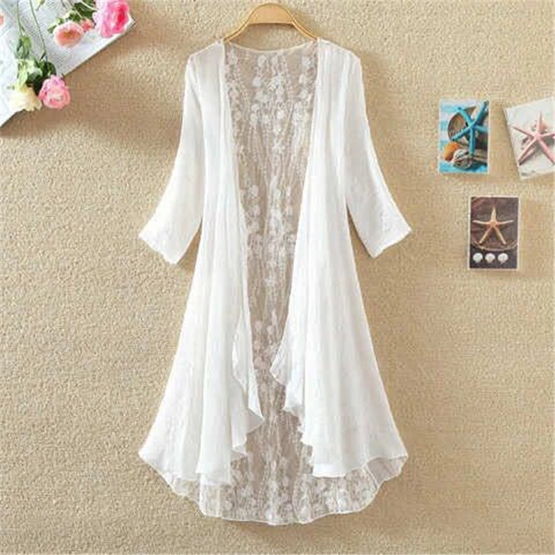 

Kimono Cardigan Women Lace Summer Cardigan Feminino Embroidery Blouse Long Shirt Off White Camisa Feminina 2018 Boho Korean New