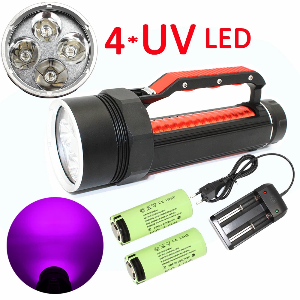 

Underwater 4x UV LED Diving Flashlight Ultraviolet 395nm Purple Light Waterproof Torch Lamp Linterna +2x 22650 Battery +Charger