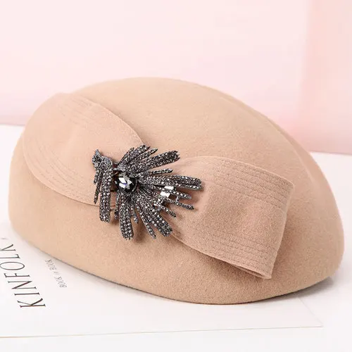 Luxury Rhinestone Decorated Women Wool Beret Cap Elegant Ladies Big Bow Fedora Hat Paris Autumn Winter Pillbox Casquette Hat Cap - Цвет: Армейский зеленый