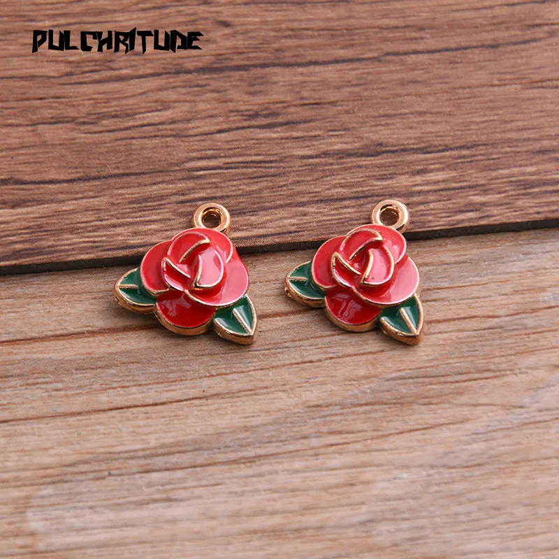 

PULCHRITUDE 6pcs 16*17mm Alloy Metal Drop Oil Red Rose Charms Pendant For DIY Bracelet Necklace Jewelry Making