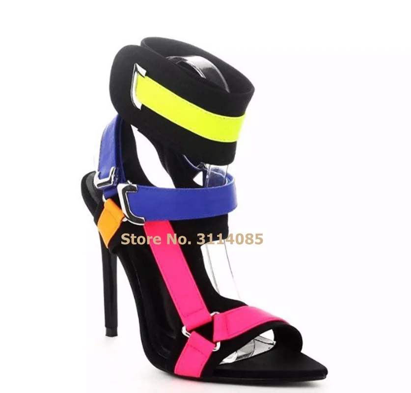 

Women Newest Mixed Color Buckle Strap High Heel Sandals Pink Yellow Blue Color Patchwork Metal Ring Buckle Party Shoes Heels