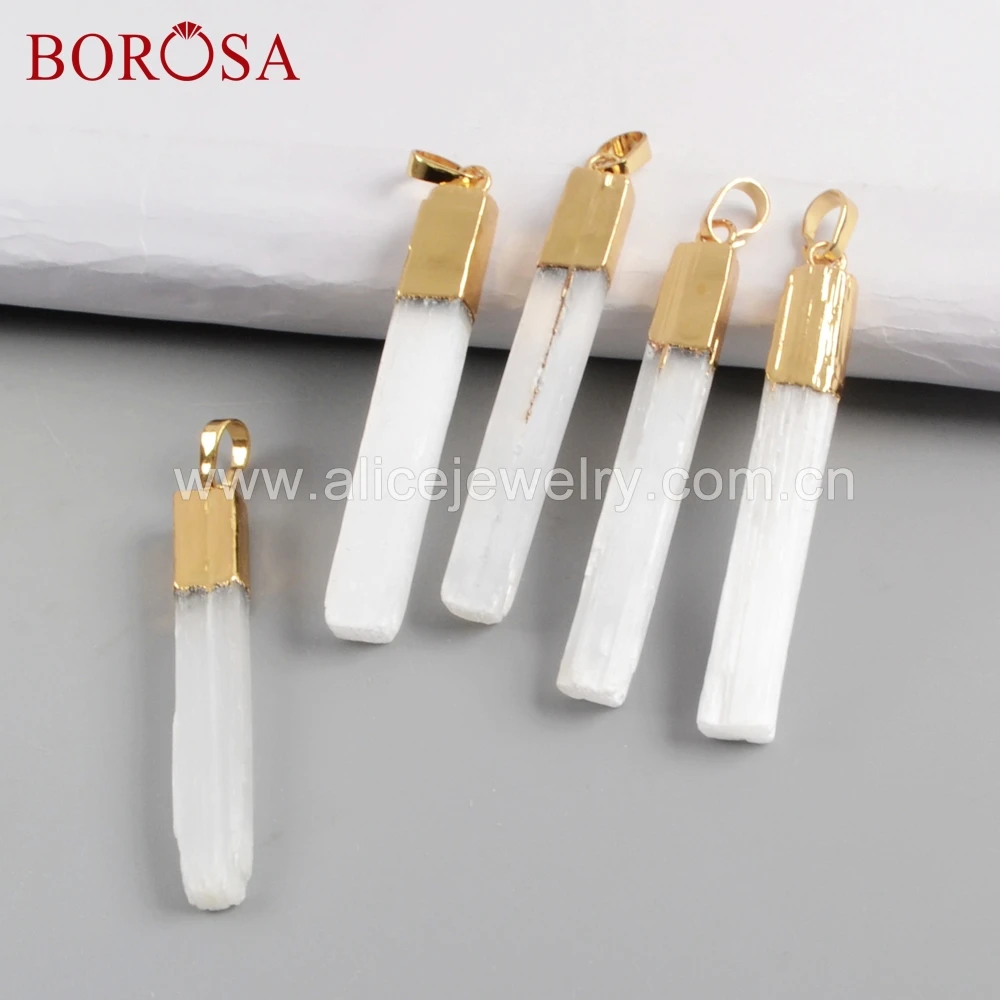 

BOROSA 6Pcs Wholesale natural gold edge selenite crystal pendant fashion elongated white selenite crystal wand earrings G1703