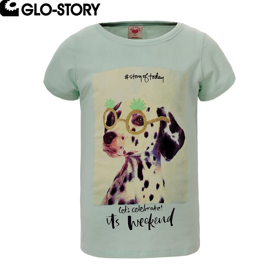 GLO-STORY 98-128 детская одежда девушки милая собака печать хлопковая футболка с коротким рукавом топы GPO-3925