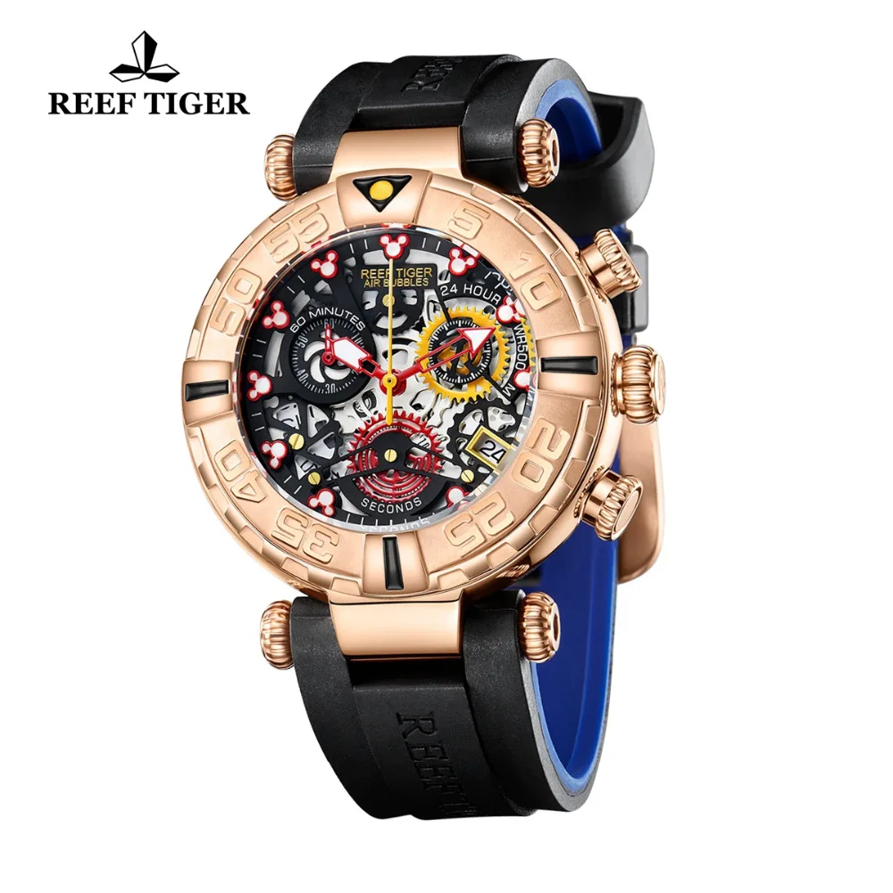  Reef Tiger/RT 2019 Luxury Brand Fashion Creative Watches Men Skeleton Watches Rubber Strap Rose Gol