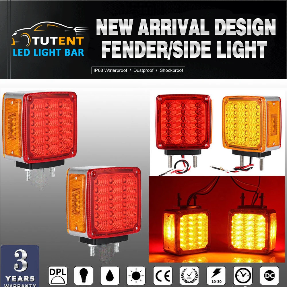 

KEYECU 2 x Amber/Red Double Stud Mount Pedestal Cab Fender Dual Face Stop Turn Signal 39 LED Light Fit Truck Tractor Van Camper