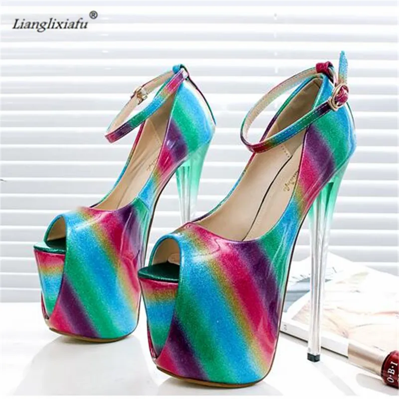 

LLXF Summer Sandals zapatos Plus:34-41 42 43 Stiletto Ladies Peep Toe Rainbow Colors Shoes women 19cm High-Heeled female Pumps