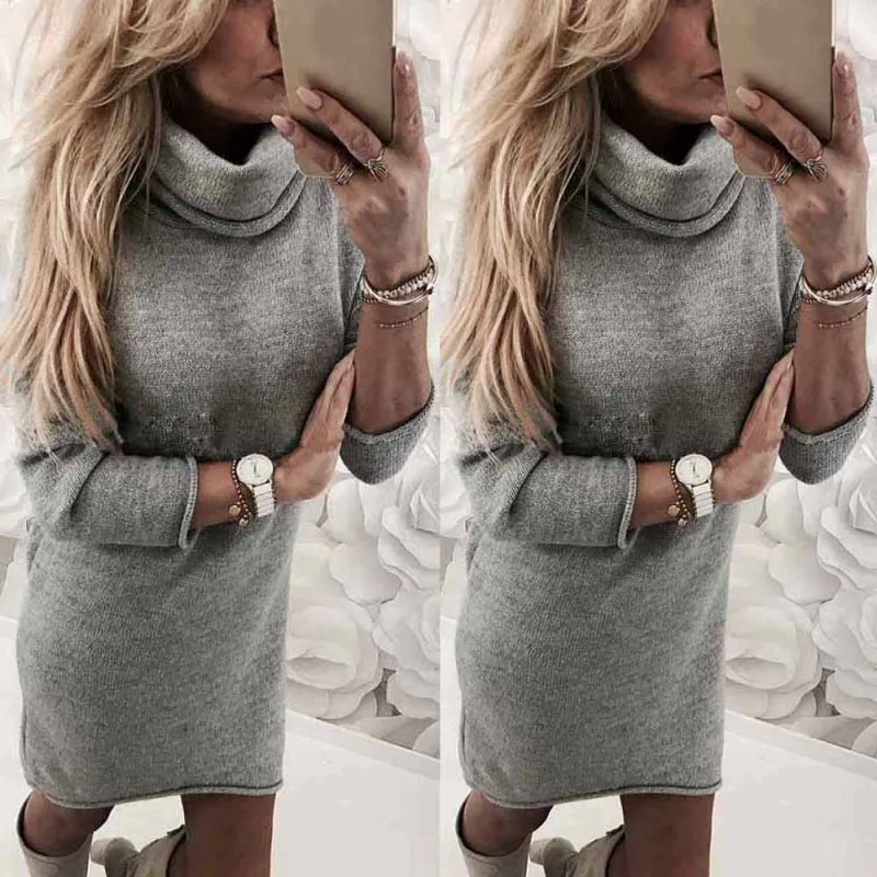 

2018 Fashion lady's sweater Solid Turtleneck Sweater Long Casual Long Sleeve Pullove Dress turtleneck sueteres vestido gola alta