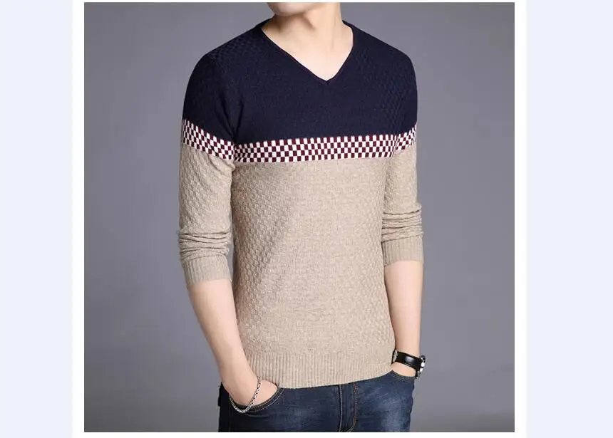 Новая мужская Осенняя модная клетчатая тонкая трикотажная рубашка мужская с длинным рукавом Клетчатый свитер с v-образным вырезом пуловеры