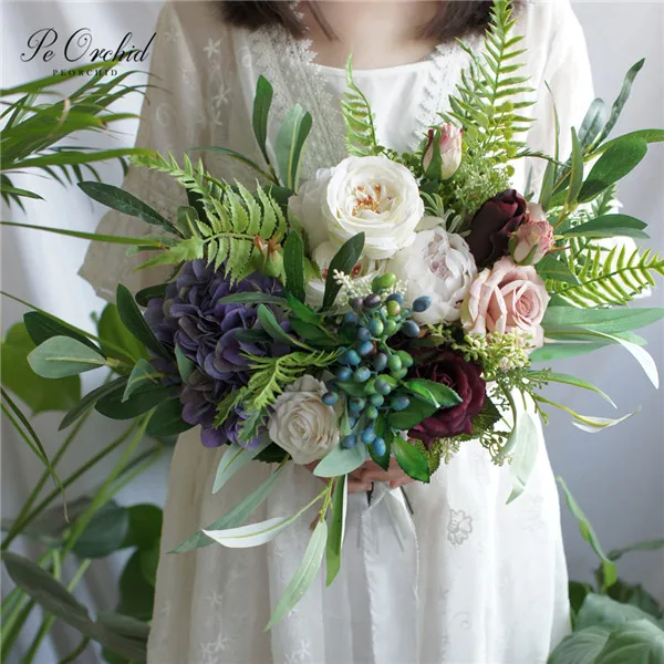 PEORCHID зеленый белый фиолетовый свадебный букет Европейский французский стиль страны Роза Пион невесты цветы лес Свадебный букет - Цвет: Bridal bouquet