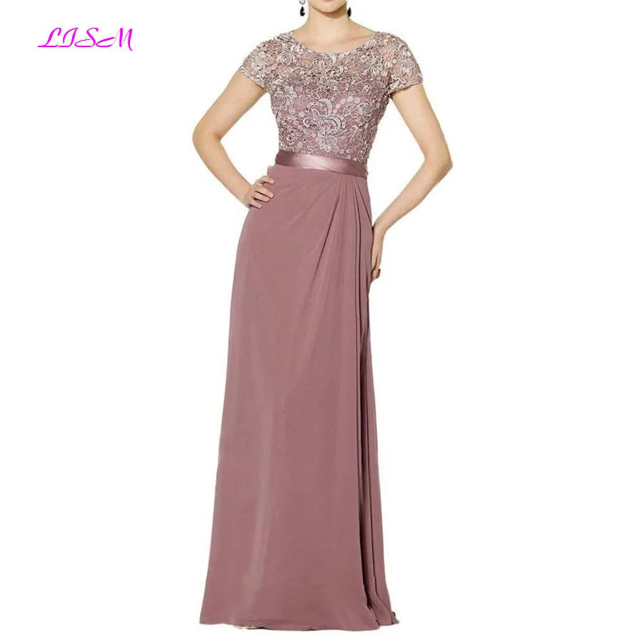 

Elegant Appliques Mother of the Bride Dress Long Chiffon Evening Dresses Scoop Short Sleeves Vestido De Festa Longo Plus Size