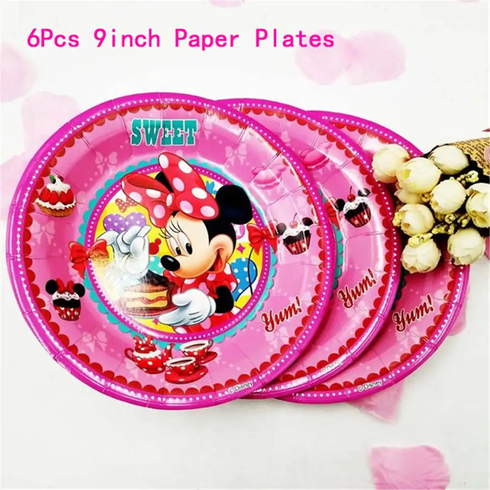 Минни Маус с днем рождения Детские вечерние украшения салфетка для посуды тарелка чашки коробки скатерть баннер красный розовый подарочный набор - Цвет: Plate 6pc