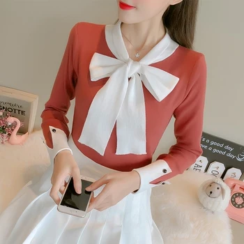 

Autumn And Winter Korean Knit Bow Women Tops Patchwork Preppy Style Kawaii Sweater Fashion Casual Tees