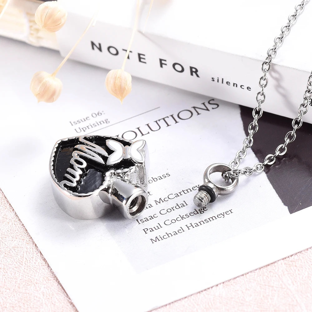 

Stainless steel Mom Cremation urn Necklace Memoerial Ashes Holder Keepsake Butterly Heart Urn Locket Pendant
