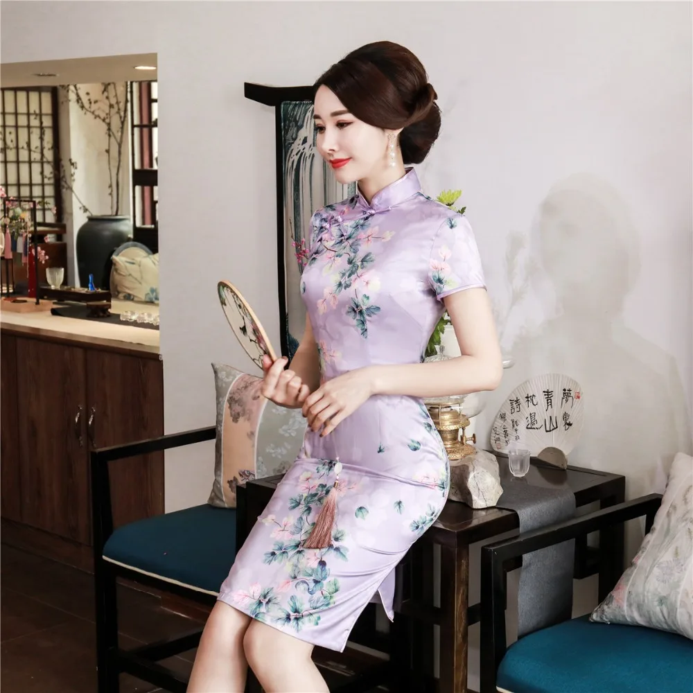 Шанхай история короткий рукав цветочный Qipao длиной до колена cheongsam платье китайский Восточный платья для женщин