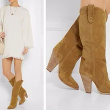 Новые Красивые Зимние женские ботинки в байкерском стиле; замшевые сапоги до колена; сапоги на шпильке; модельная обувь; Botas Mujer; размер 41, 42