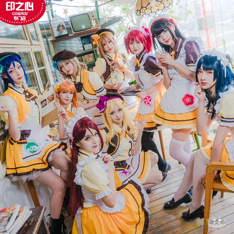 

2019 Hot New lovelive sunshine Dining room Cafe dessert striped Maid Dress for group member