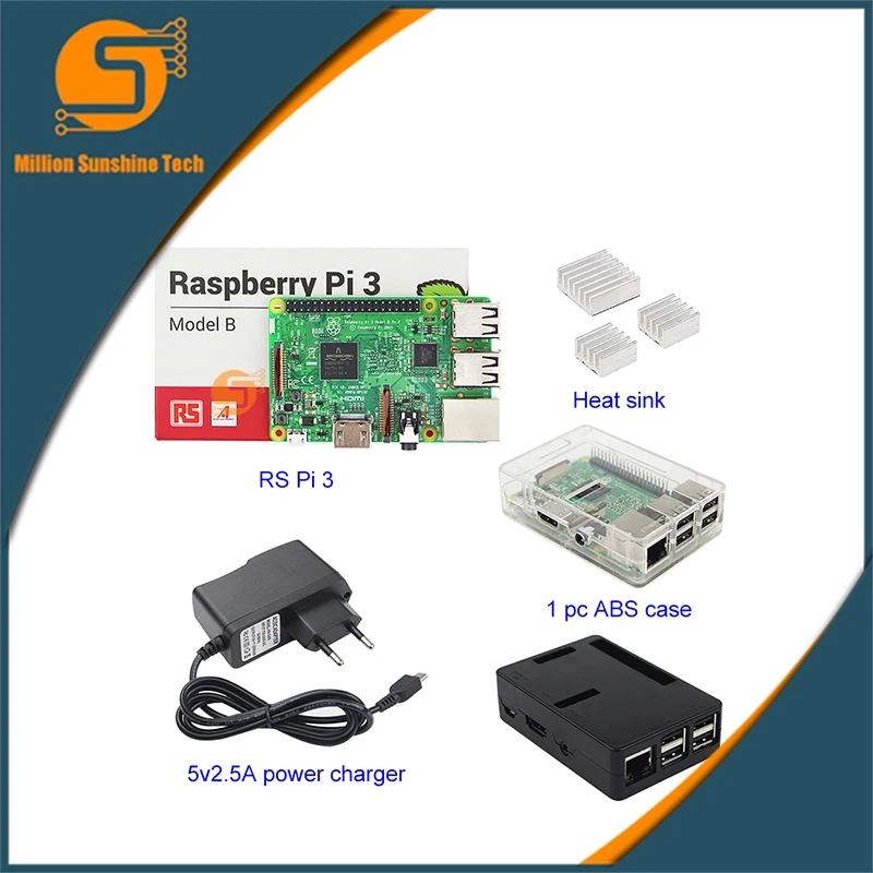 

new Raspberry Pi 3 Starter Kit with RS Raspberry Pi 3 Model B + case + Heat sinks+power supply for Raspberry pi free shipping