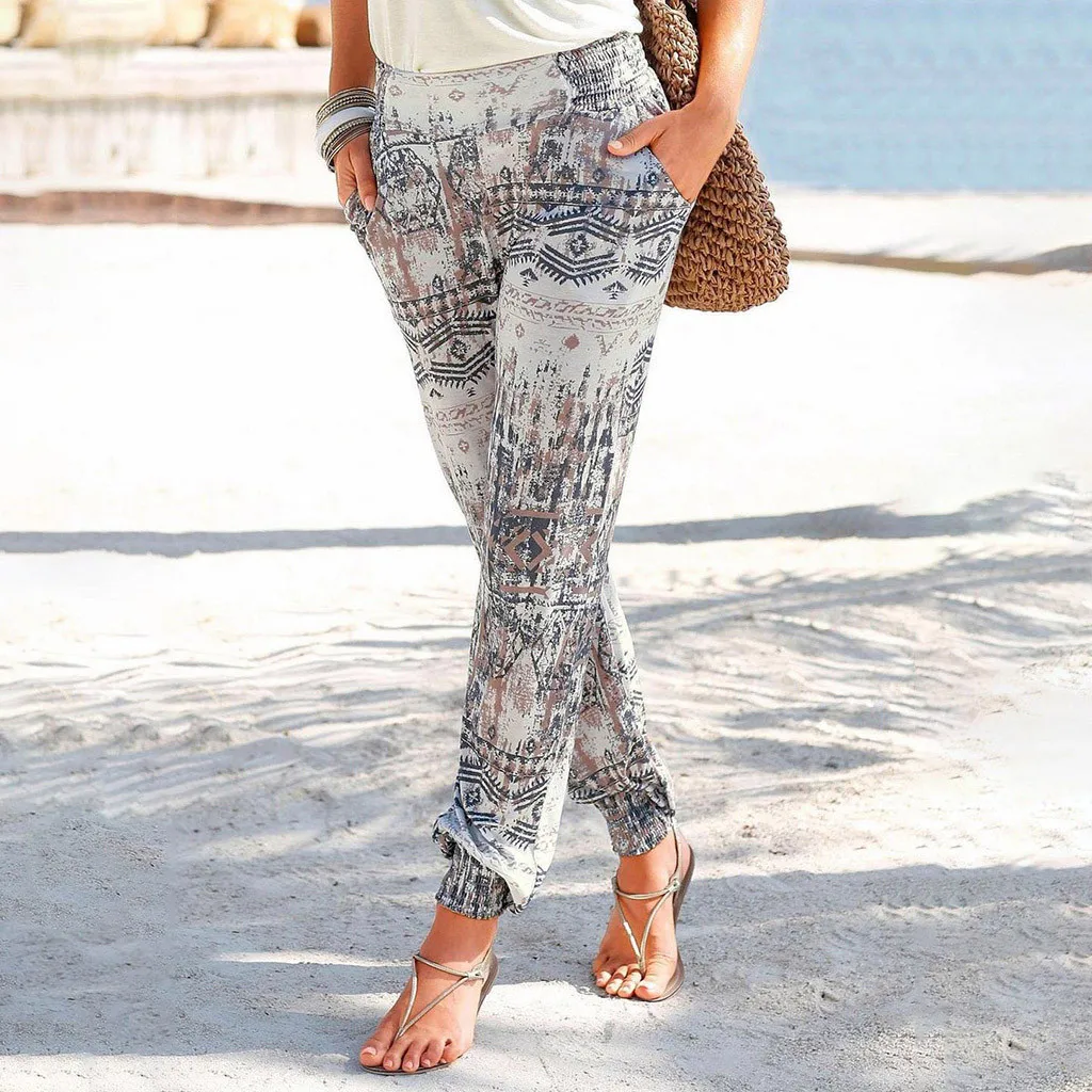 

Summer Beach Print Pockets Full Length Women High Waist Printing Easy Trousers Long Pants Sandy Pants Freeship N4