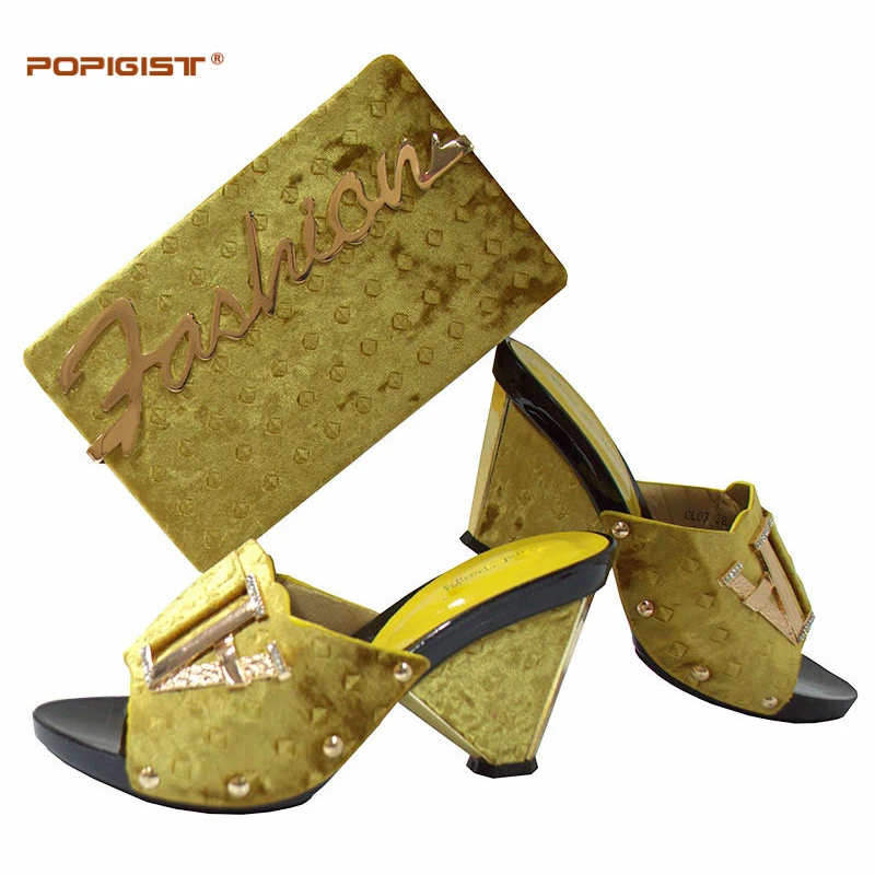 Fabric Flock Material Gold Fashion African 9cm High Heel Women Shoes