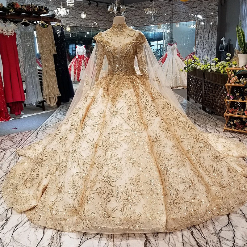 LS65454 платье люксРоскошный Королевский Дубай торжественное платье с высокой горловиной Длинные рукава платье невесты с золотой кружевные