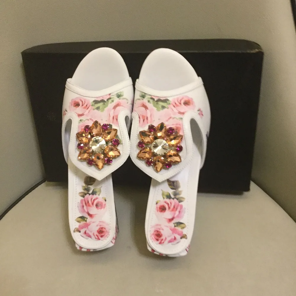 Newest Flower Printed Chunky Sandals Deep Toe Crystal High Heel Slipper Hot Sell Women Shoes Summer