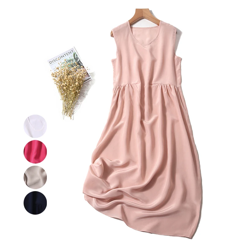 

Summer New Pure Colors Easy to Match with Silk Westernization V-neck Dress Sleeveless vest Silk Crepe Leisure