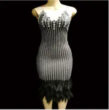 Black Feather Glisten Rhinestones Female Sexy One-piece Dress Show Singer Dance Costume Nightclub Modern Performance Outfit DJ silver sequins sparkling mirrors dress sexy nightclub bar dj ds costumes female singer leading party performance one piece dress