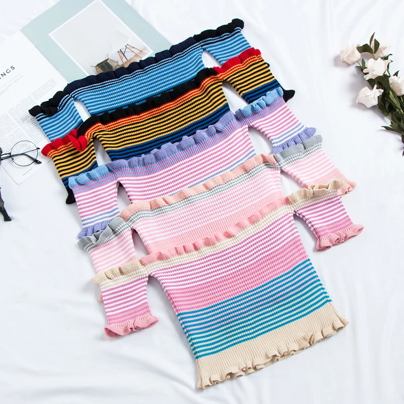 

Summer Women Sweaters 2019 Casual Streetwear Slash Neck Off Sholder Striped Knitted Jumpers Female Korean Chic Tops Pullovers