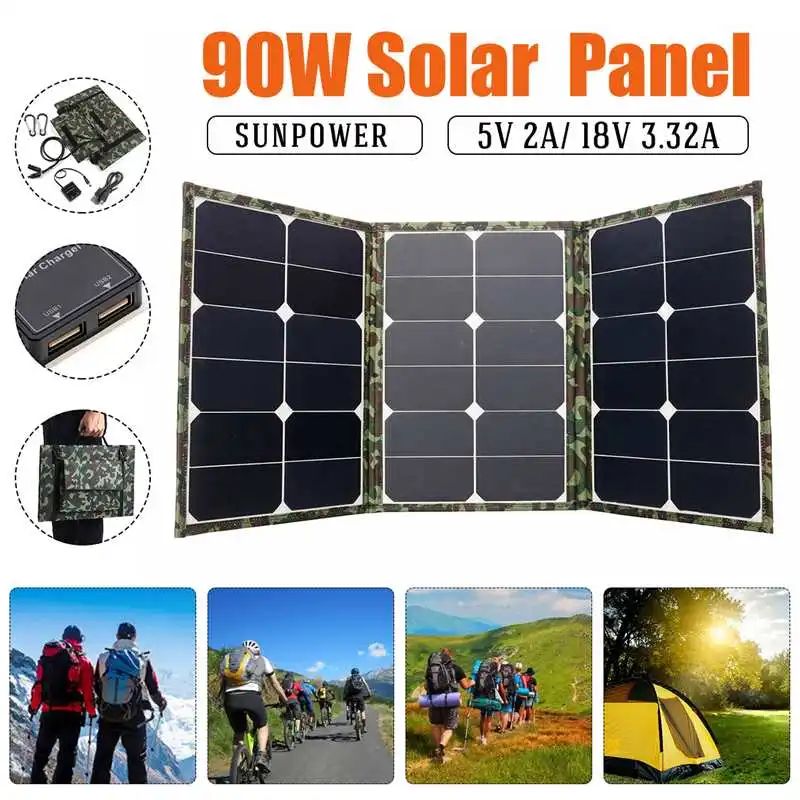 

New 90W Folding Solar Panels 18V/5V Waterproof Sun Power Solar Cells Charger Double USB Output Devices Portable for Smartphones
