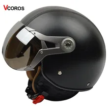 VCOROS Genuine Leather Vintage Motorcycle helmet retro Harley moto helmet open face helmet with silver sunny shield M L XL size