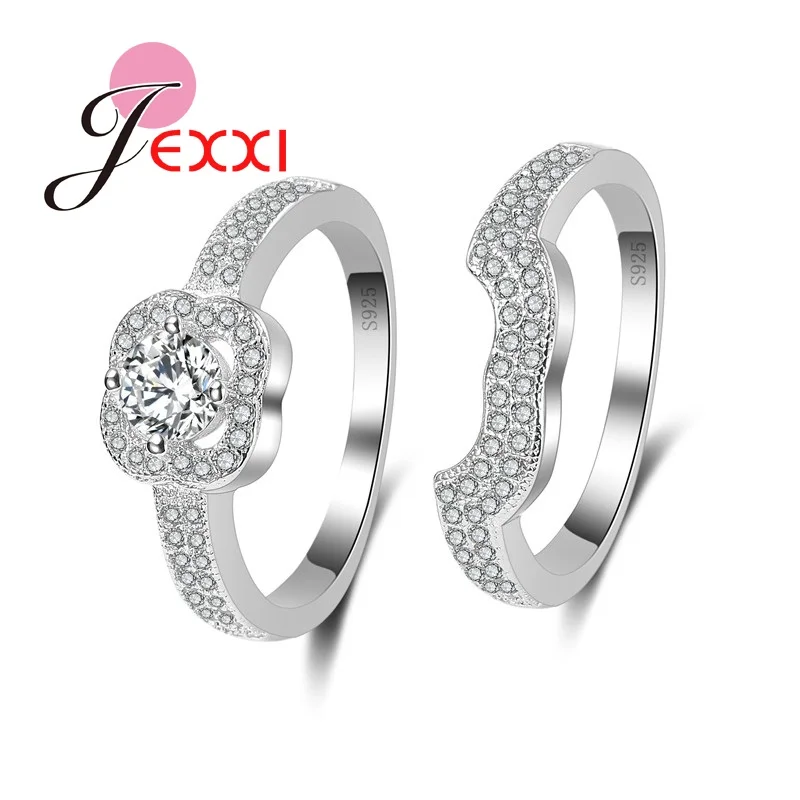 

JEXXI High Quality 925 Sterling Silver CZ Crystal Ring Set Cubic Zirconia Wedding Jewelry Austrian Crystal Rings 2 PCS