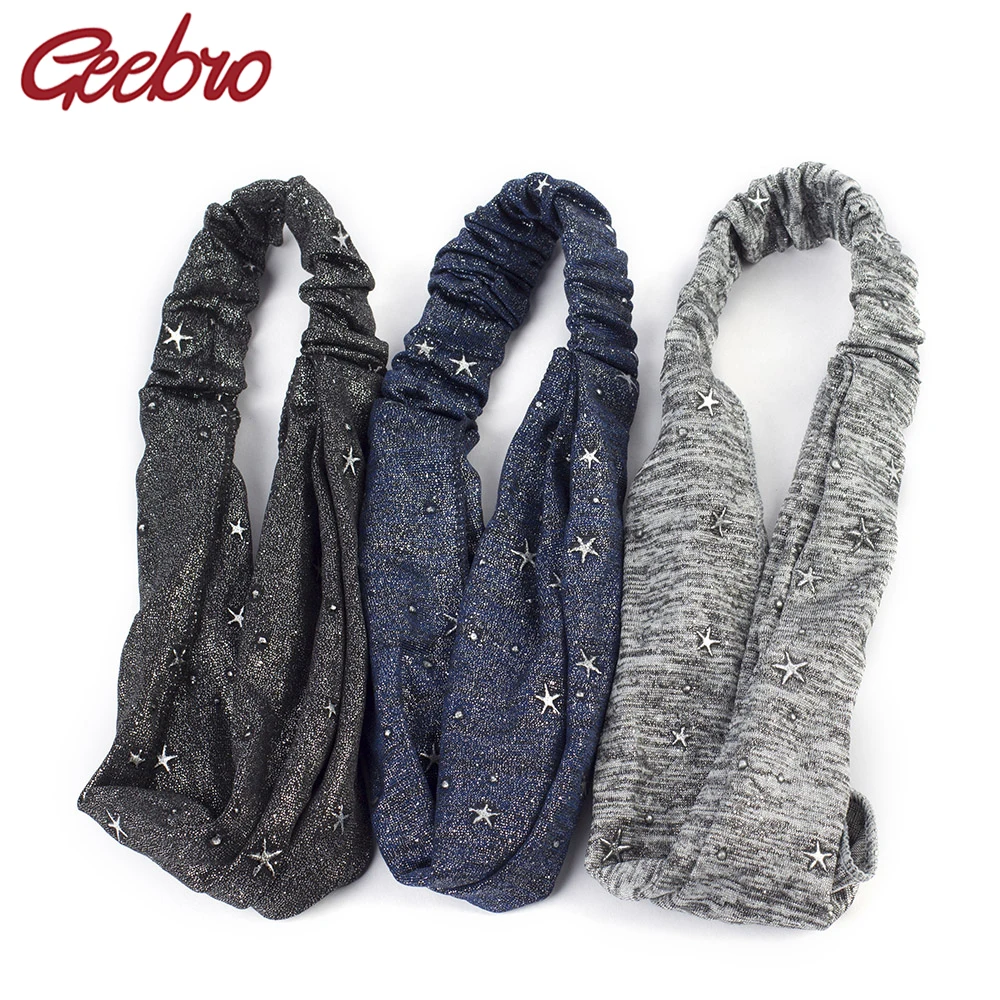 

Geebro Metallic Color Star Elastic Headband For Women Summer Spa Plain Turban Knit Headbands for Girls Wrap Hairband Accessory