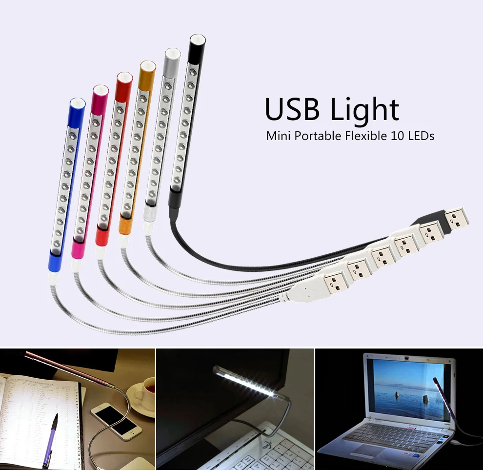 Яркий USB книга светильник металлический Материал 10 светодиодов гибкий настольная лампа светильник для Тетрадь портативных ПК USB Ночной светильник 6 цветов