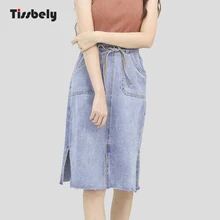 Tissbely колена джинсовая юбка женская боковые скольжения на шнуровке без шнуровки Высокая талия колен прямая юбка джинсы для