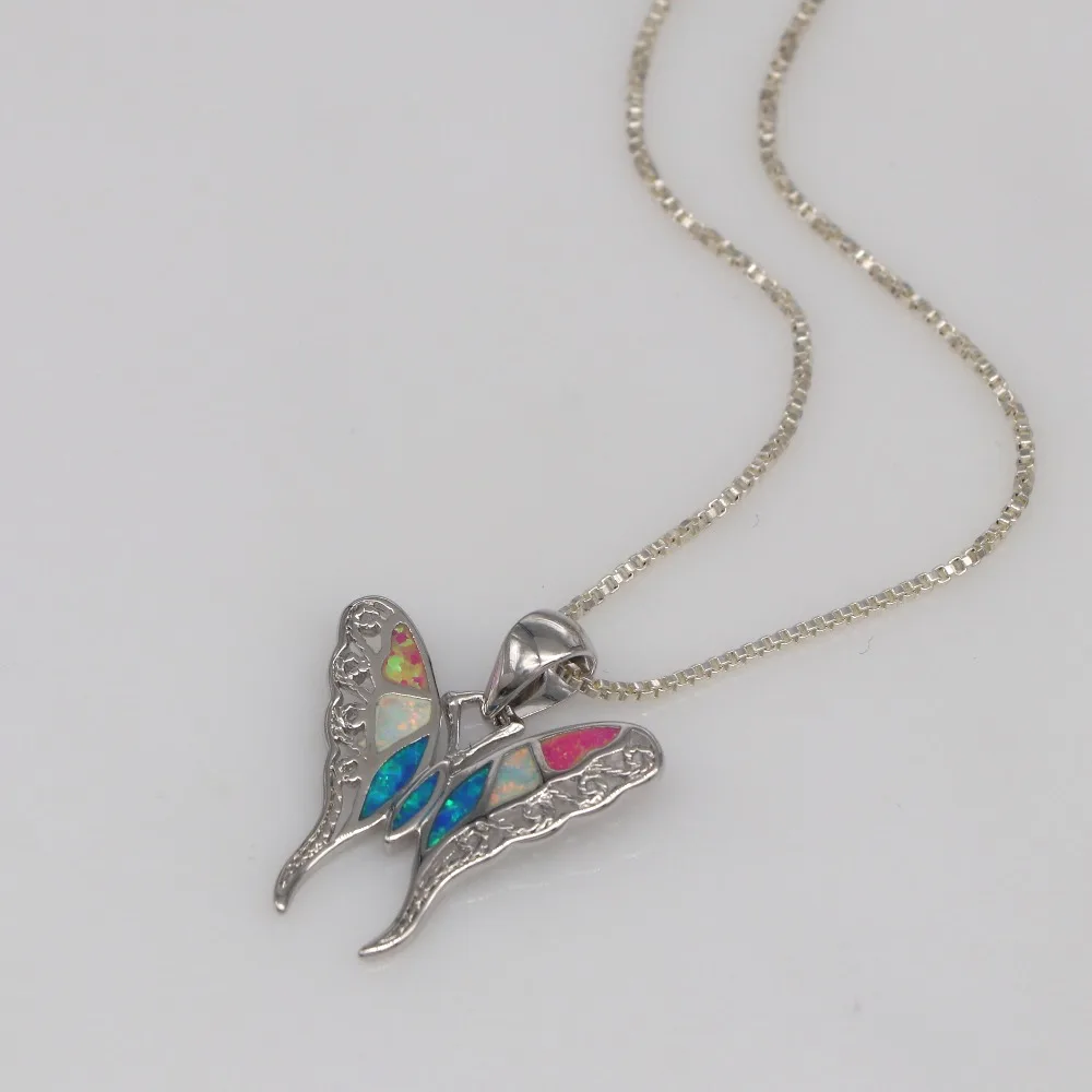 JLP003 New Design Butterfly Multicolor Fire Opal Silver Plated Pendant Necklace Direct Wholesale Women Fashion Jewelry Gif