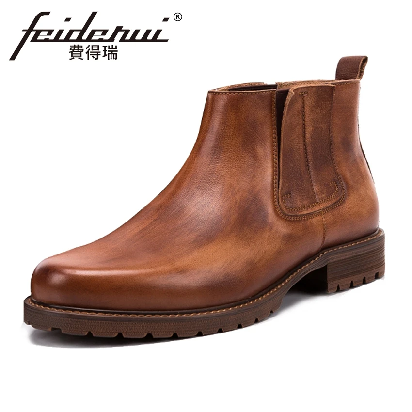 

2018 Vintage Genuine Leather Men's Chelsea Ankle Boots Round Toe Flat Platform Handmade Cowboy Riding Dress Shoes For Man KUD67