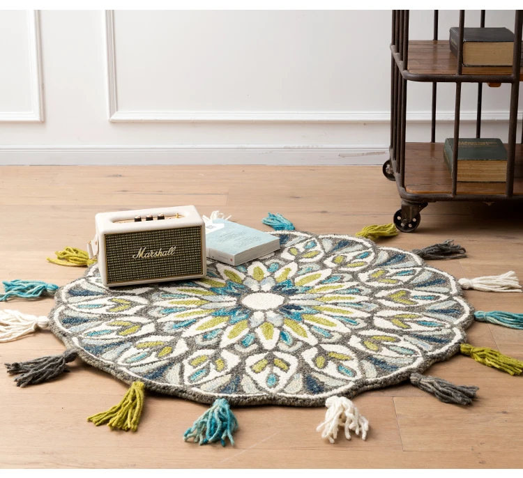 Ковер из плотной хлопковой шерсти ручной работы с кисточкой, круглый ковер для спальни, художественный дизайн, подстилка для окна, диванная подушка, натуральная ткань