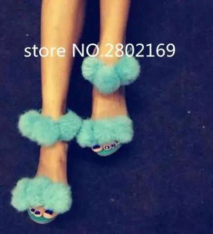 

New Arrival Fashion Blue Big Fur High Thin Heels Open Toe Gladiator Style Women Summer Buckle Strap Popular Rome Sandals