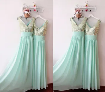

Elegant Sequins Tops V Neck Long Chiffon Prom Gown A-Line Wedding Party Dress Custom Made