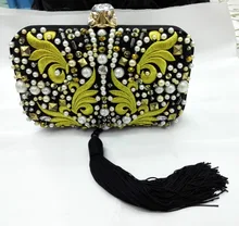 Women Tassel Party Clutch Evening Bag Black mixed Gold Female Clutch Handbag with Chain Purse Crystal