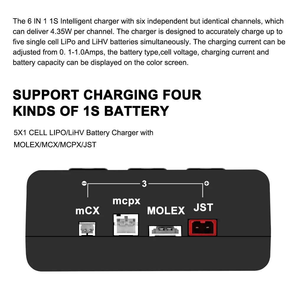 6 в 1 PRO 5X4,35 Вт 5X1A зарядное устройство для 1S LiPO/LiHv/li-ion зарядное устройство с Micro MX mCPX JST Радиоуправляемый Дрон, автомобиль, самолет