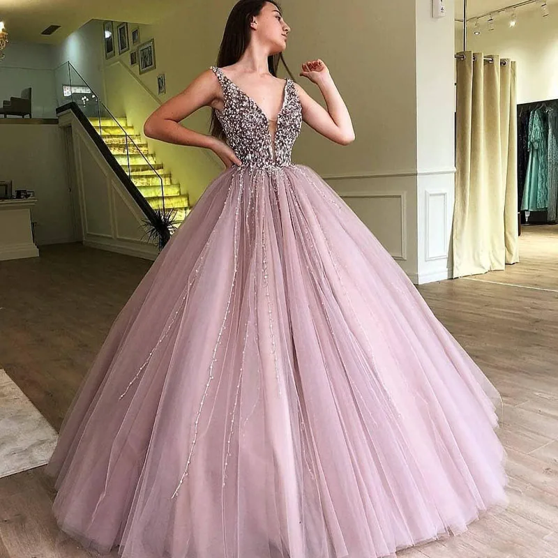 Luxury Beadings Sequins Pearls Dusty Pink Ball Gown Quinceanera Dresses 2018 Deep V-Neck Puffy Long Pageant Party Gowns Prom Evening Dress189