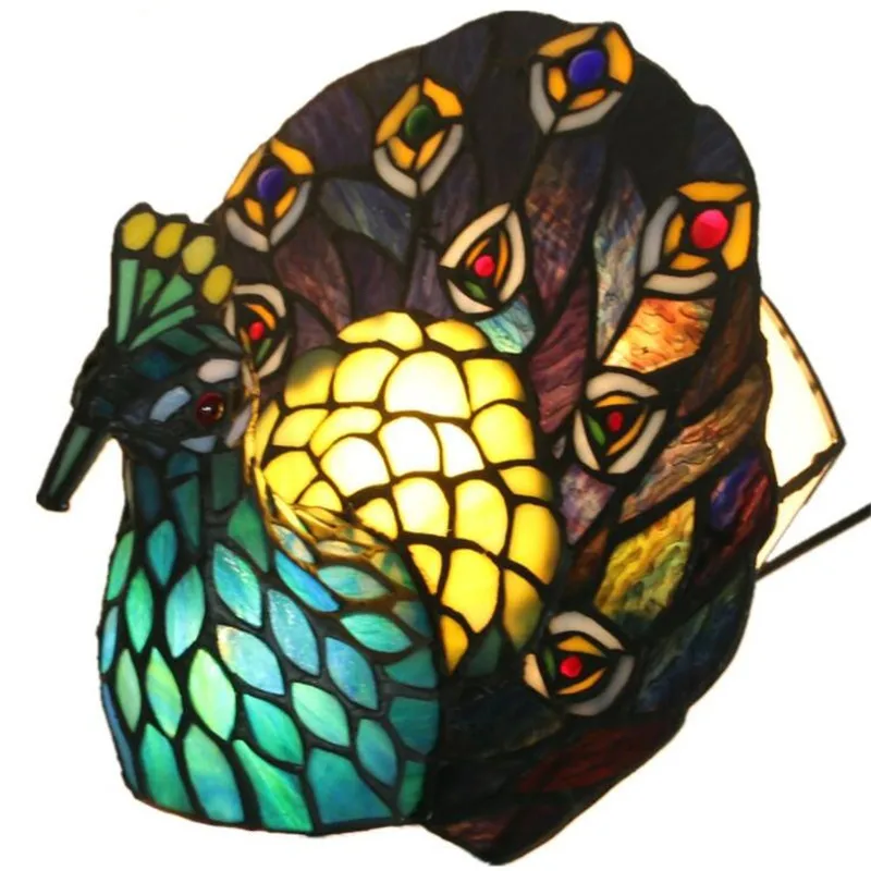 

Creative Handmade Tiffany Glass Peacock Table Lamp for Foyer Bed Room Bar Apartment Glass Night Light H 27cm 1037