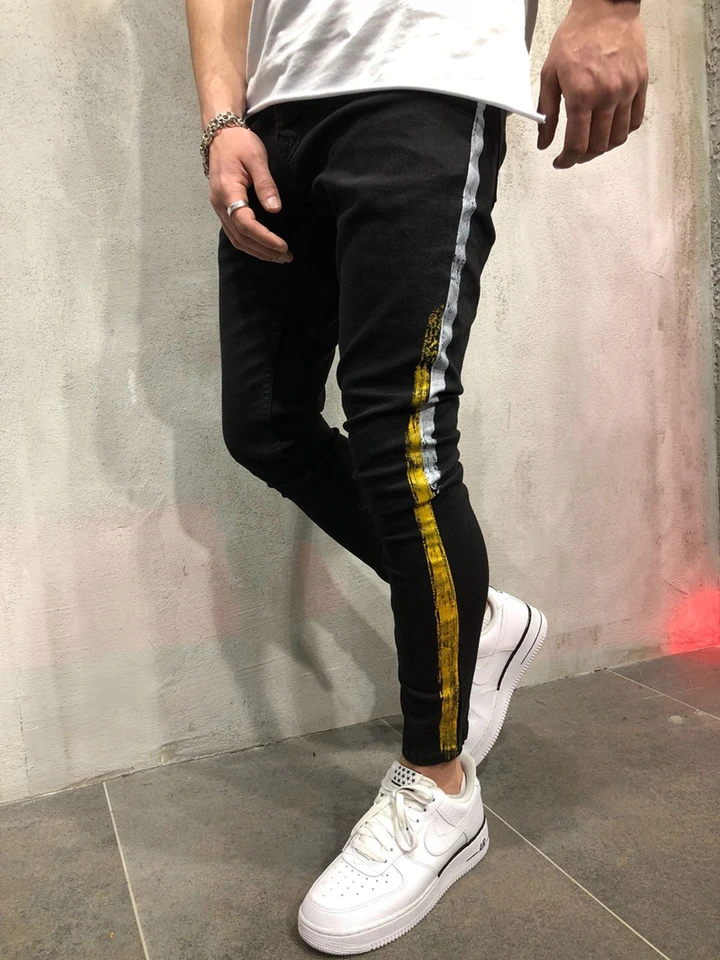 mens black pants with gold stripe
