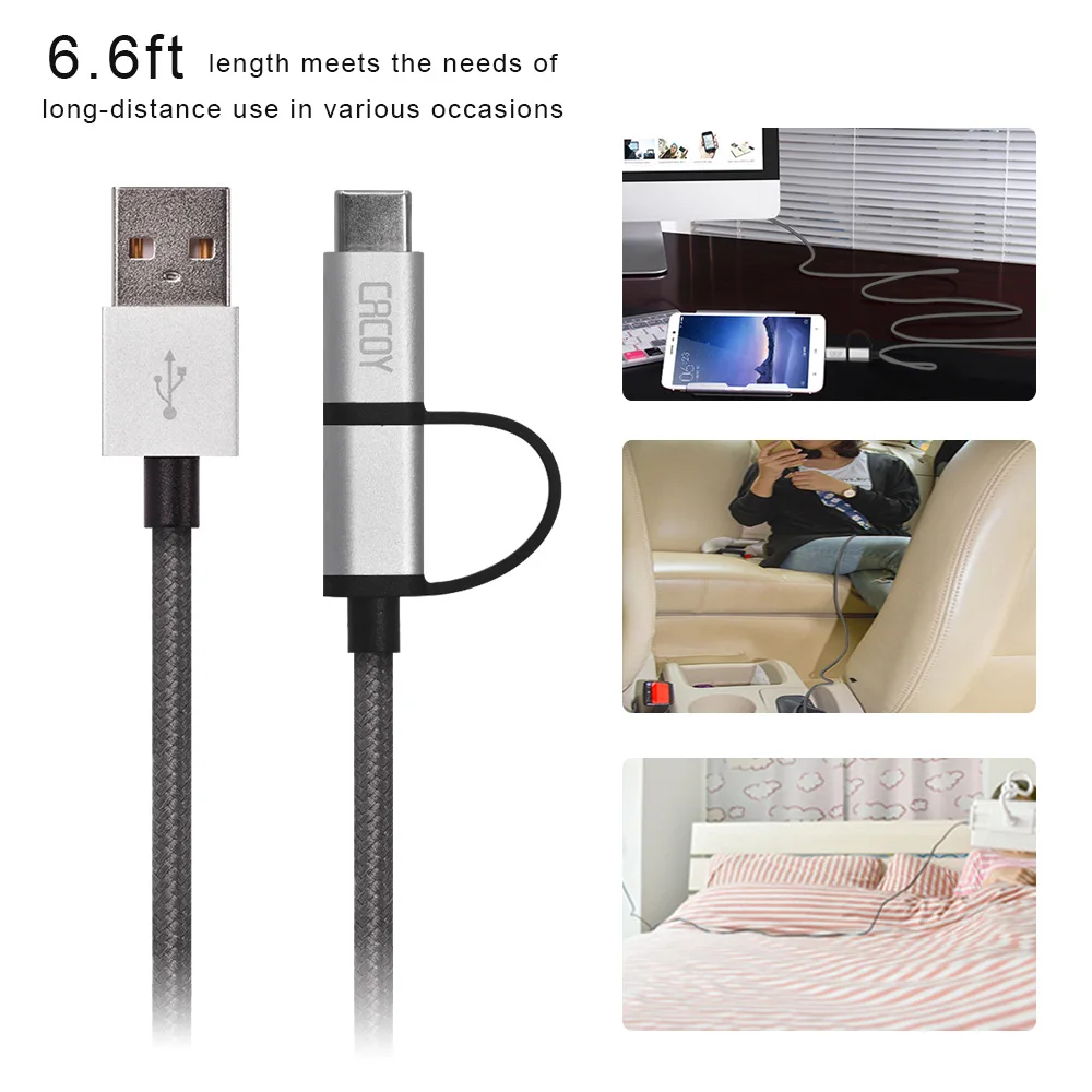 CACOY 6.6Ft/2 M نوع C/المصغّر usb 2 في 1 كابل غلاف من الألومنيوم النايلون حبل مضفر ل المصغّر usb و نوع C الأجهزة (رمادي داكن)