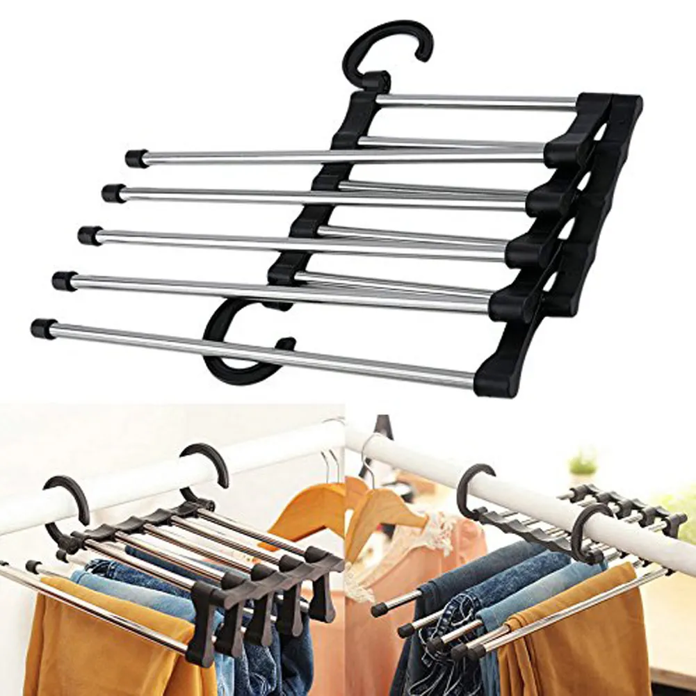 

5 in 1 Stainless Steel Multifunction Retractable Pants Rack Portable Trouser Hanger Storage Organizer for Home Hotel