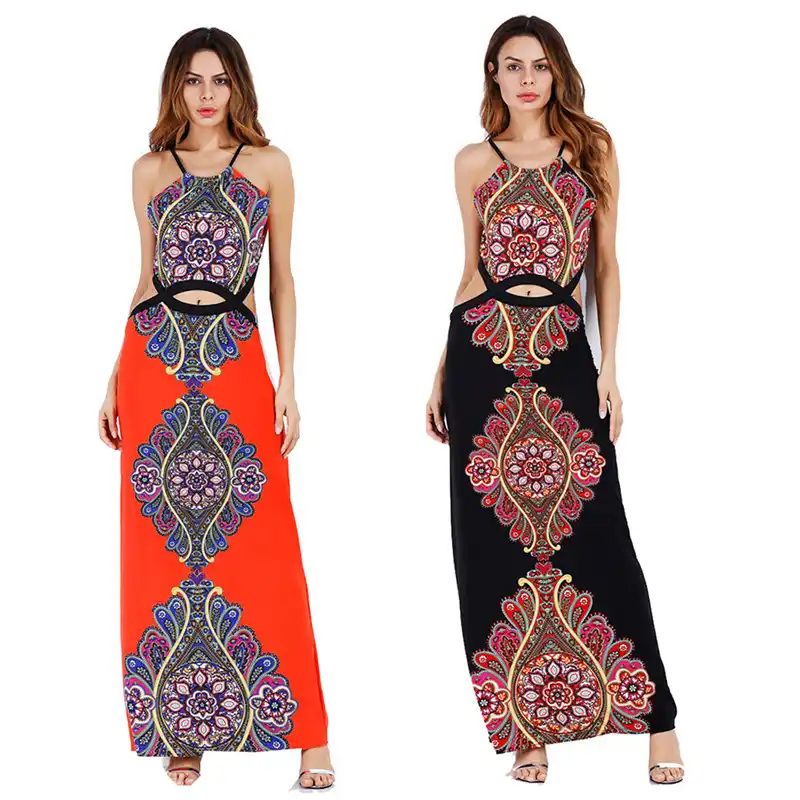 3 Colors 2018 Vintage India Print Boho Maxi Dress Women Spaghetti Straps Hollow Out Summer Holiday Dress Dresses Aliexpress