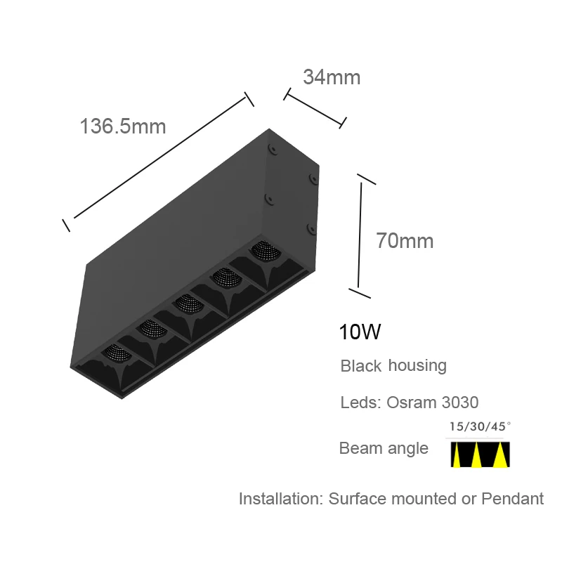 Черный корпус 10 Вт 20 Вт 30 Вт линейное светодиодное освещение поверхностное крепление для кухни, столовой