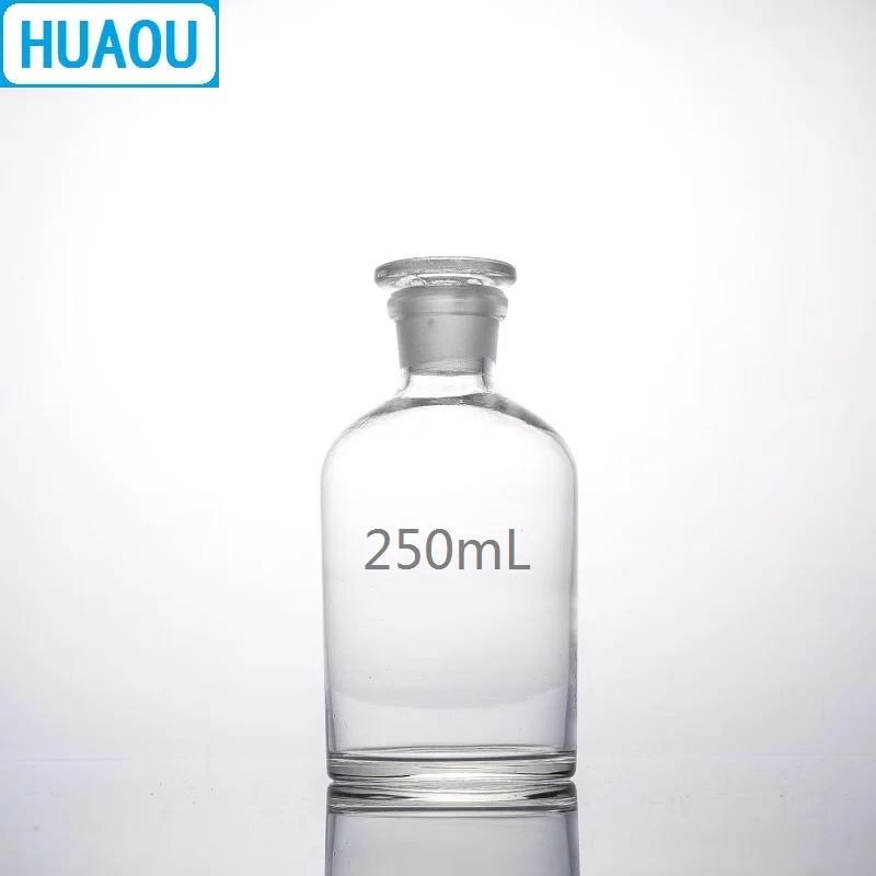 Huaou garrafa reagente boca estreita, 250ml, vidro transparente, com chão, rolha de vidro, equipamentos de química de laboratório